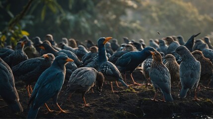 Flock of Various Birds Gather on Muddy Bank in Wetlands