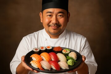 Professional sushi chef in uniform smiling while holding plate with assorted sushi and wasabi. Studio shot highlights culinary expertise and Japanese cuisine