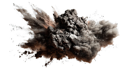 Dramatic explosion of dust particles and rock fragments against a solid colored area of nothingness on transparent background
