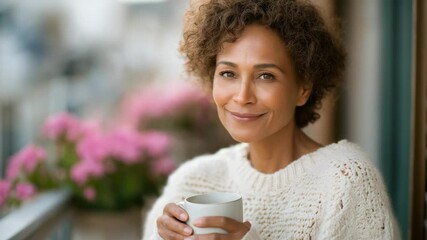 Mature woman enjoying coffee on a balcony with flowers - Powered by Adobe