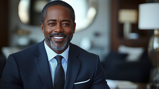 A jubilant African American businessman, his suit crisp and tailored, beamed as he sat at his sleek desk, his face illuminated by the digital glow of a tablet