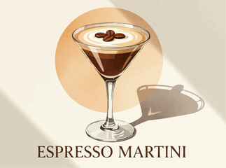 Espresso Martini illustration with coffee beans garnish