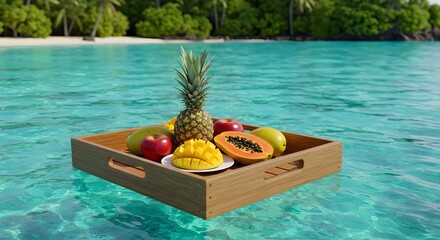 A floating drink tray with tropical fruit in turquoise water