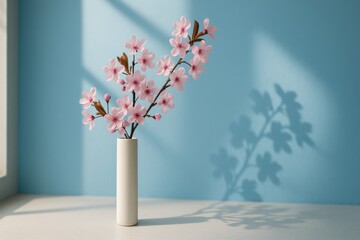 Vase with pink cherry blossoms casting shadow on blue wall in soft natural light