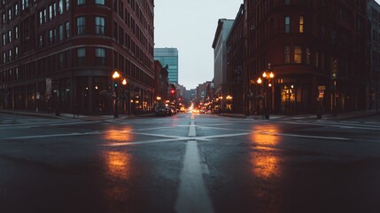 Quiet city intersection during blue hour with wet streets reflecting streetlights, creating a serene urban atmosphere.