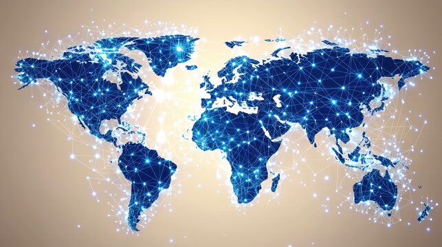 A sleek, minimalist digital world map, its nodes and lines representing international trade and stock exchanges, pulsating with a subtle, dynamic energy, symbolizing the interconnectedness of 