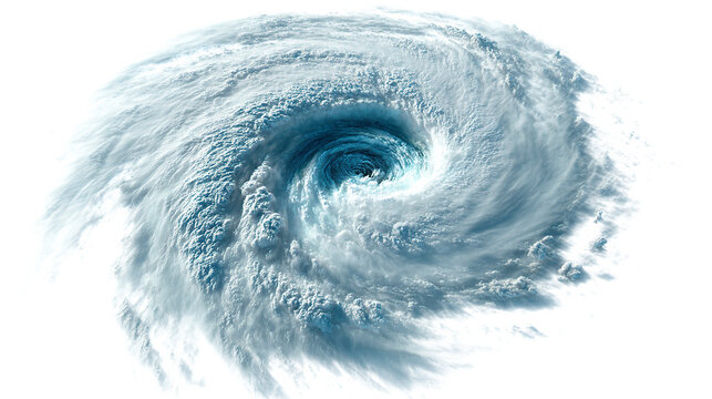 Aerial view of a large swirling storm system with a visible eye and dense cloud formations seen above on transparent background