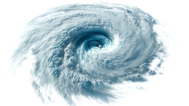 Aerial view of a large swirling storm system with a visible eye and dense cloud formations seen above on transparent background - Powered by Adobe