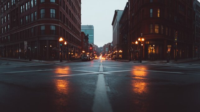 Quiet city intersection during blue hour with wet streets reflecting streetlights, creating a serene urban atmosphere. - Powered by Adobe