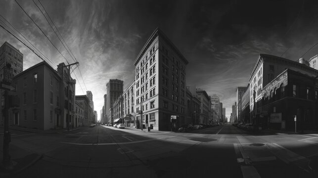 Fototapeta Panoramic view of a deserted city street with dramatic shadows and architectural structures, captured in striking black and white.