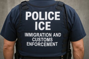 ICE police vest close-up, Close-up of a uniformed officer wearing a vest labeled POLICE ICE Immigration and Customs Enforcement, showing authority and security presence