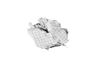 A crumpled checkered paper sheet on an isolated white background suits creative projects. Its textured surface adds a unique touch for designs or educational ideas.