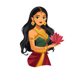 Vector design style illustration with portrait of beautiful indian girl.