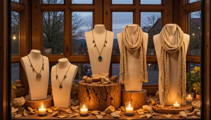 Jewelry display with scarves and candles against wooden background