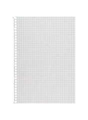 A close-up checkered paper sheet on a white background offers a canvas for creative sketches, design ideas, and artistic planning with its detailed grid.