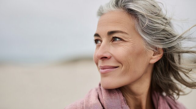 Portrait of a smiling mature woman with gray hair enjoying a windy day, symbolizing confidence and natural beauty.