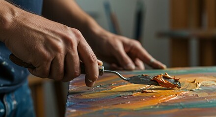 A close-up of an artist applying paint to a canvas with a palette knife, creating texture.
