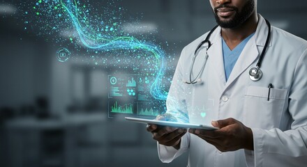 Doctor analyzing patient data on a tablet with digital overlay in modern clinic