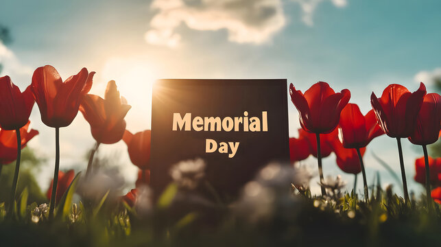 Memorial Day sign surrounded by red tulips and white flowers with a sunny sky in the background.
