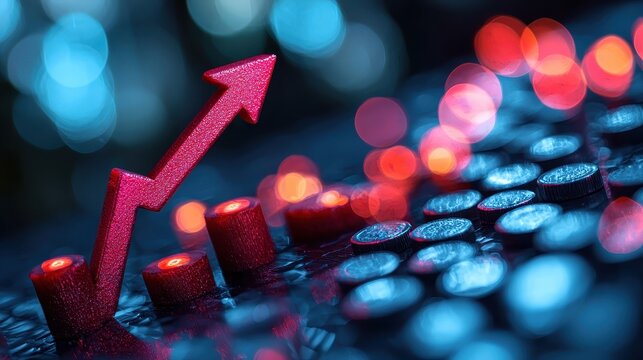 A vibrant red arrow, ascending majestically on a histogram, signifies the dynamic growth and prosperity of a thriving business 