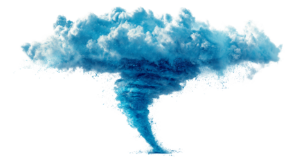 A swirling vortex of blue energy rising from the ground towards a cloud formation above it all on transparent background