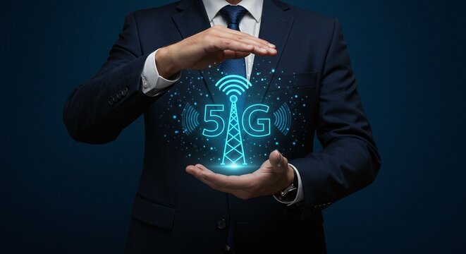 Protection of technology: A person safeguarding a 5G mobile network with digital illustration. - Powered by Adobe