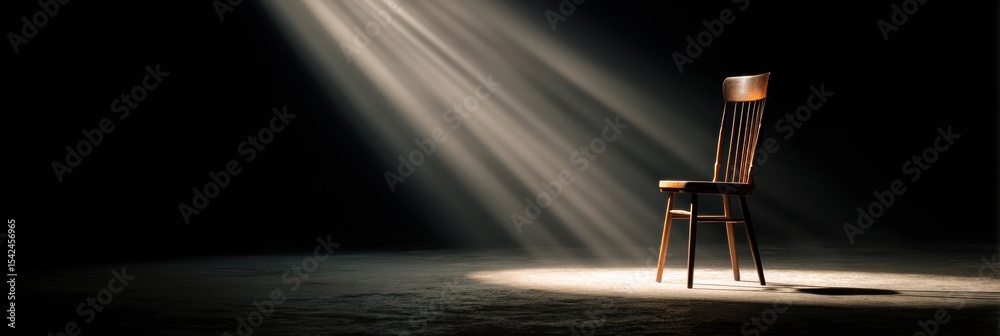 Aufkleber Empty Chair Illuminated by Soft Spotlight on Stage, Creating an Atmosphere of Anticipation in a Dimly Lit Environment