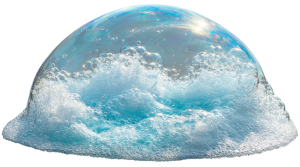 Iridescent dome of bubbles and foam with a translucent surface on a plain colored setting on transparent background