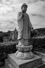 Buddha statue with temple behind