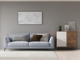 Mock up of a stylish living room with an original design with a fashionable comfortable sofa and an exclusive decorative background, 3D rendering.