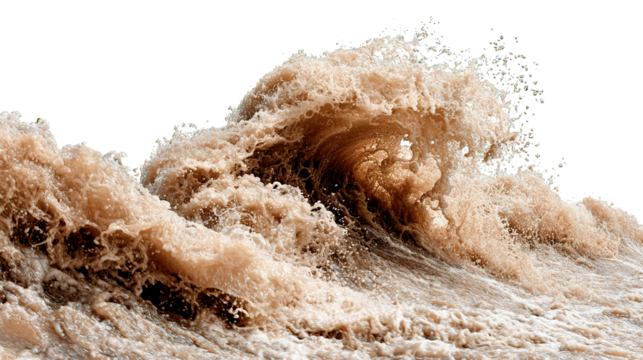 Turbulent river wave crashing with muddy water and foam against a dark contrasting area above it on transparent background