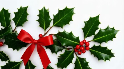 Festive arrangement of holly branches with red berries and a bright red bow on a clean white backdrop. - Powered by Adobe