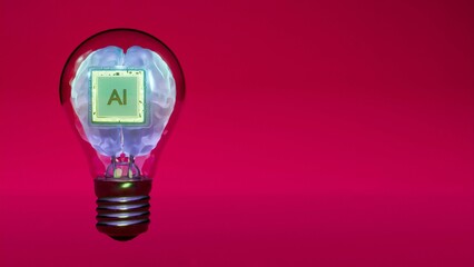 AI chip in white brain inside glass light bulb on magenta background