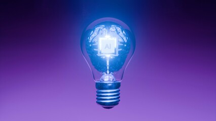 AI processor chip embedded in digital brain inside glowing light bulb