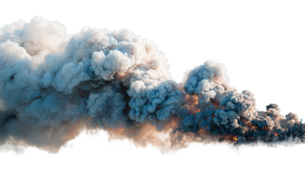Dense plume of smoke rising into the air with a dark area surrounding the edges of the smoke cloud on transparent background