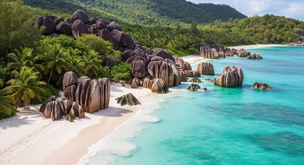 Coastal Serenity: A picturesque coastal panorama unfolds, where the pristine sandy shoreline meets crystal-clear turquoise waters. The scene is dominated by unique rock formations that dot the beach.