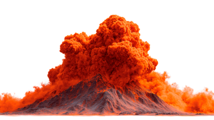 Volcanic eruption with orange smoke and lava flowing down the mountain on a transparent area on transparent background