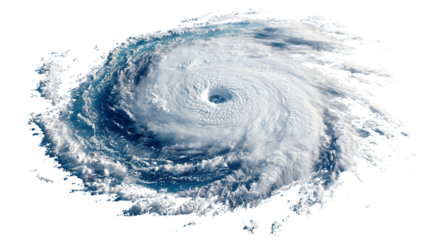 Aerial view of a large cyclone with a visible eye and swirling clouds over the ocean surface area on transparent background