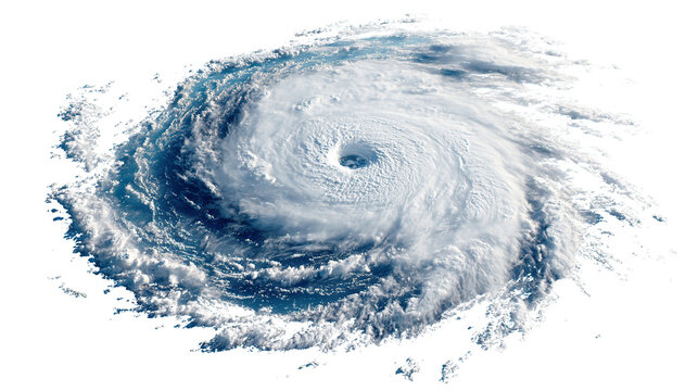 Aerial view of a large cyclone with a visible eye and swirling clouds over the ocean surface area on transparent background - Powered by Adobe