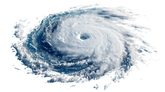 Aerial view of a large cyclone with a visible eye and swirling clouds over the ocean surface area on transparent background