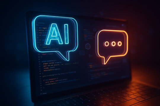 Futuristic AI Chat Interface with Programming Code on Laptop Screen - Powered by Adobe