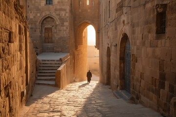 Traveler exploring the ancient, golden-stone architecture of an old town at sunrise, with quiet alleys and no one else in sight.