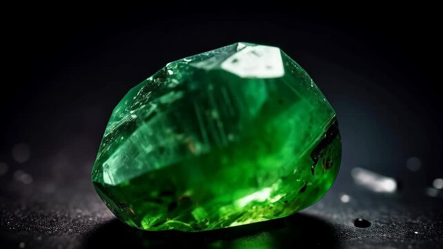 A single uncut green emerald gemstone sitting on a dark surface reflecting light, showing facets and inclusions, dramatic studio lighting