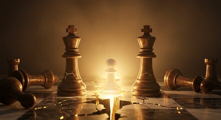 Chess Game with Kings Rooks and a Glowing Pawn on a Cracked Board