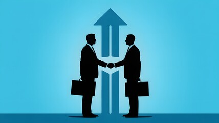 Fototapeta premium Business Partnership Concept With Silhouettes Of Two Businessmen Shaking Hands In Front Of Arrow Symbolizing Growth And Collaboration