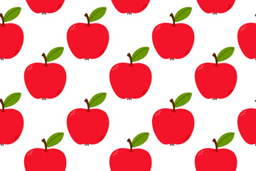 Repeating pattern of red apples with green leaves on white background. Perfect for food packaging, kitchen decor, or healthy lifestyle branding