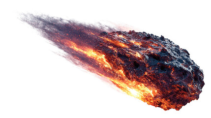 A fiery meteor streaks across the void, leaving a trail of smoke and intense heat, a cosmic spectacle on transparent background