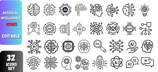 Artificial Intelligence Icons: Editable Vector Set for AI, Machine Learning, and Robotics

