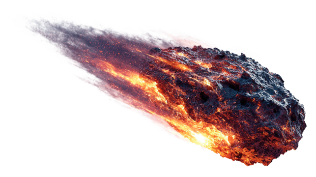 A fiery meteor streaks across the void, leaving a trail of smoke and intense heat, a cosmic spectacle on transparent background