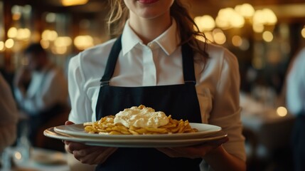Waitress serving pasta dish in a restaurant